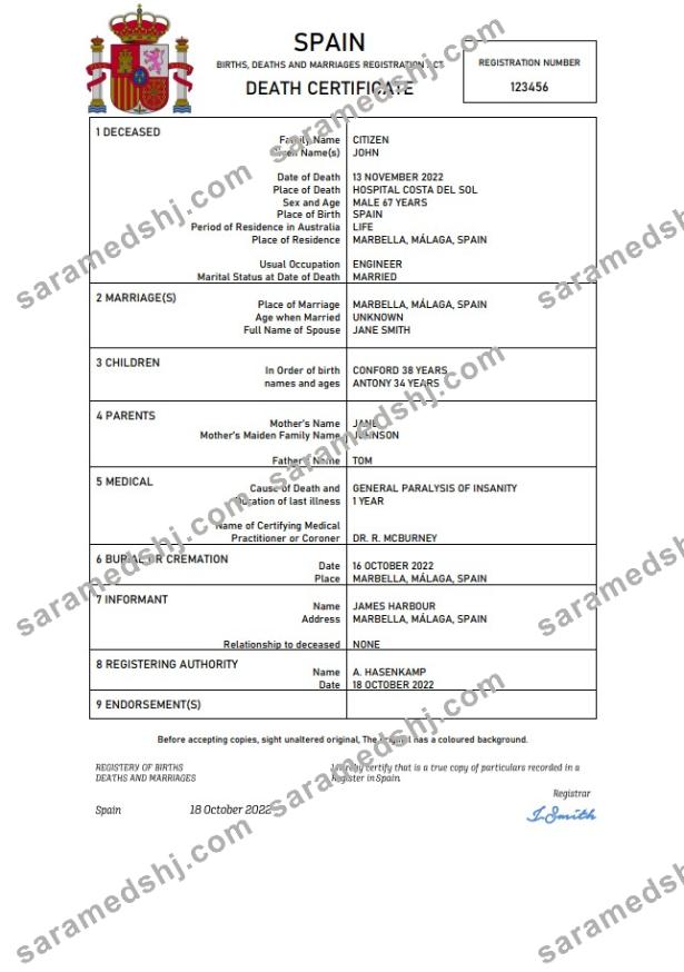 Spain death certificate Word and PDF template